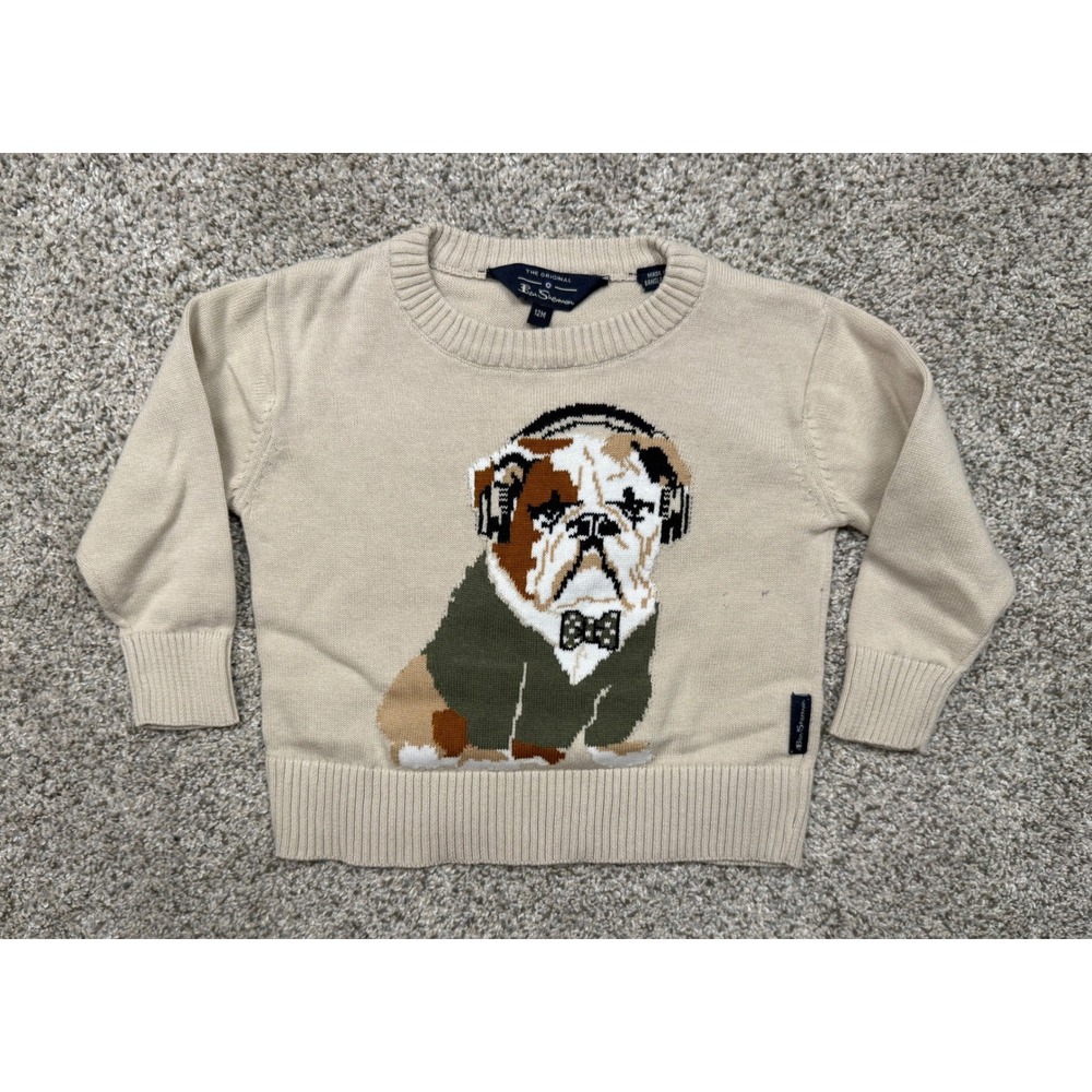 Ben Sherman Sweater Bulldog Graphic 12M Tan Crew Neck Intarsia Knit Kids